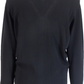 A black long-sleeve knit sweater with a V-neckline and decorative silver chain trim at the collar and hem, shown on a white background.