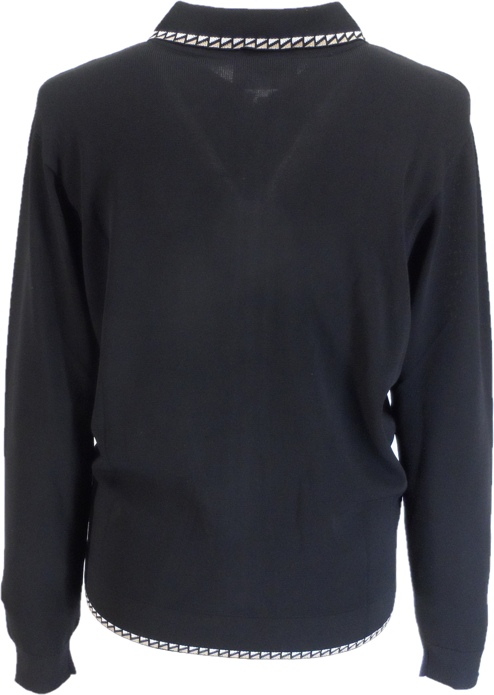 A black long-sleeve knit sweater with a V-neckline and decorative silver chain trim at the collar and hem, shown on a white background.