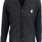 A black long-sleeve button-up cardigan sweater with a V-neck, featuring a small white stylized '4' logo on the left chest and a gold 'GABICCI' brand label at the inner collar, shown against a plain white background.