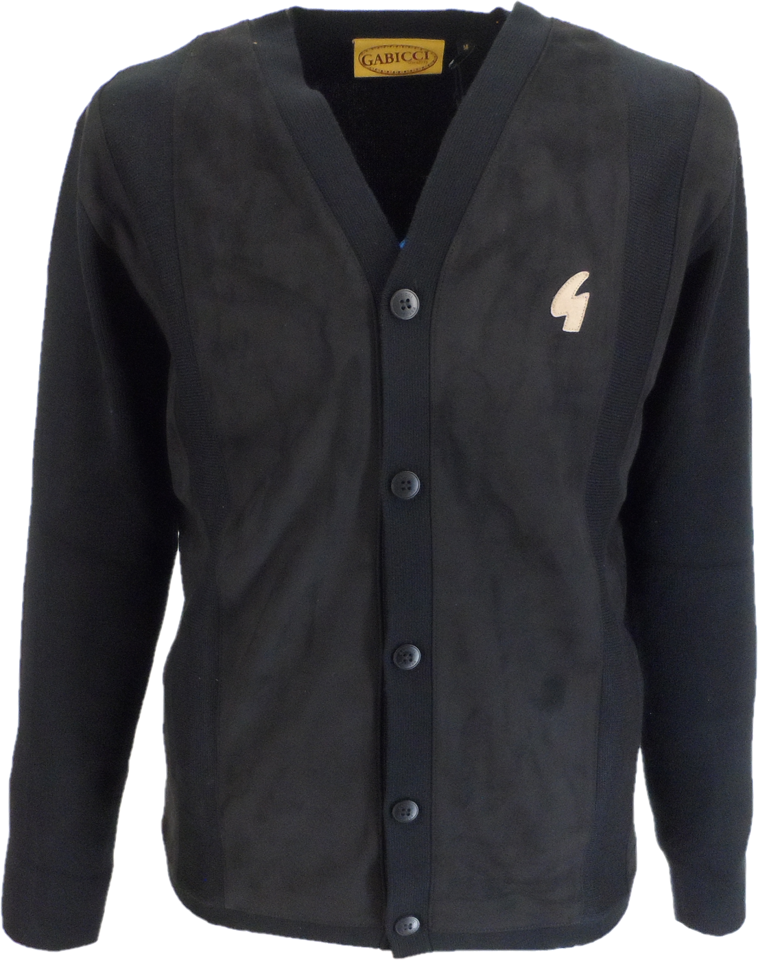 A black long-sleeve button-up cardigan sweater with a V-neck, featuring a small white stylized '4' logo on the left chest and a gold 'GABICCI' brand label at the inner collar, shown against a plain white background.