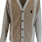 A vintage GabIcci cardigan sweater featuring a beige suede-like body with light gray knit trim, long sleeves, and a black embroidered logo on the chest.