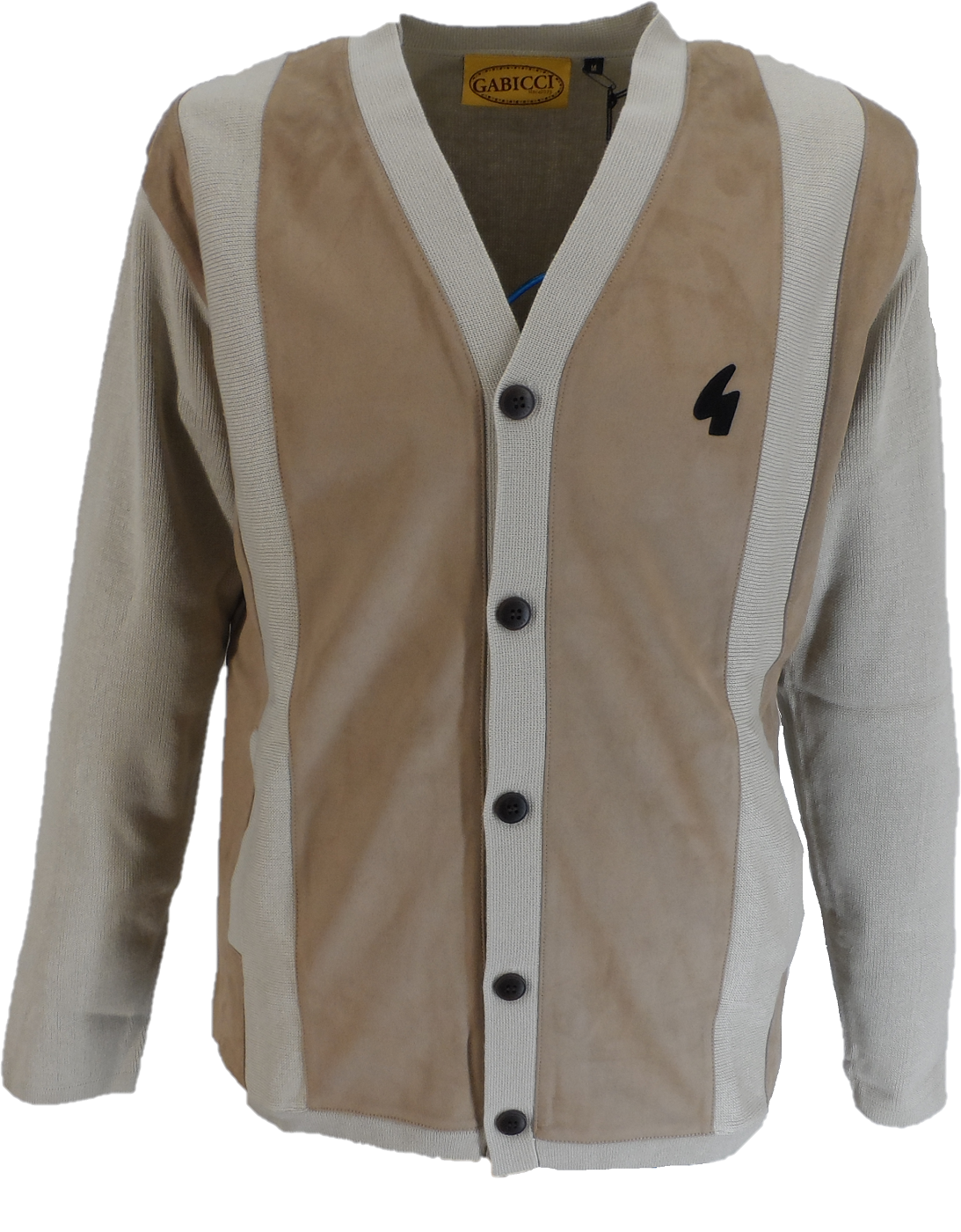 A vintage GabIcci cardigan sweater featuring a beige suede-like body with light gray knit trim, long sleeves, and a black embroidered logo on the chest.