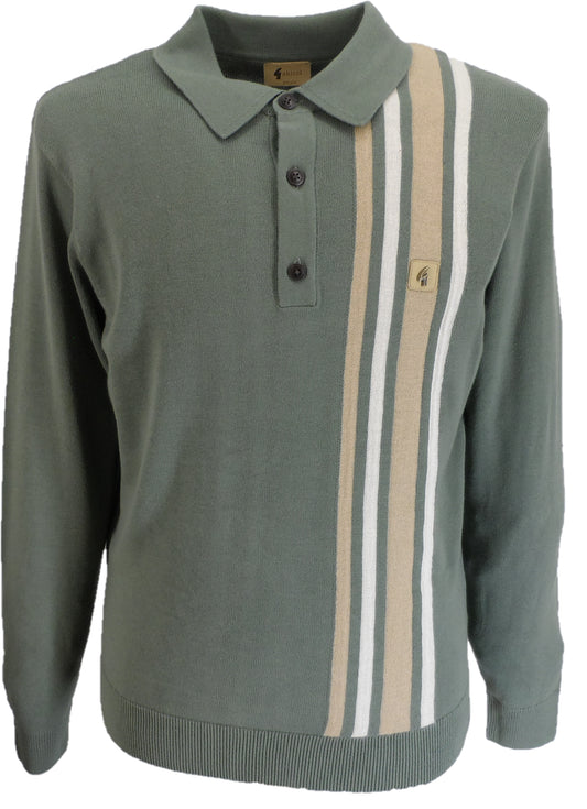 Gabicci Vintage Khaki Green Soda Stripe Knitted Polo