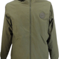An olive green hooded jacket with a full front zipper and a circular logo patch on the left chest, shown against a plain white background.