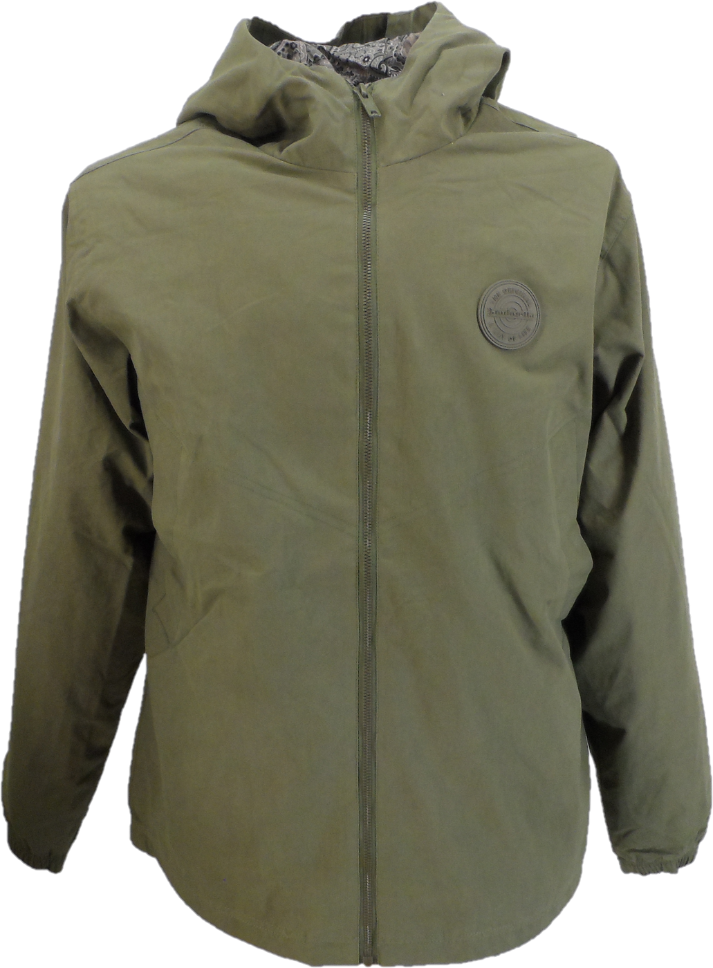 An olive green hooded jacket with a full front zipper and a circular logo patch on the left chest, shown against a plain white background.