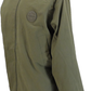 An olive green hooded jacket with a full front zipper and a circular patch on the left chest, shown against a plain white background.
