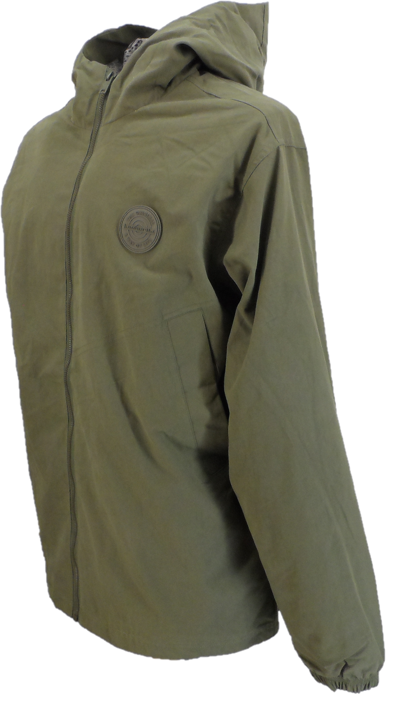 An olive green hooded jacket with a full front zipper and a circular patch on the left chest, shown against a plain white background.