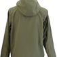 An olive green hooded jacket shown from the back, photographed against a plain white background.