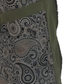 Close-up of a garment featuring an olive green fabric body with a large gray paisley patterned panel, shown against a plain white background.