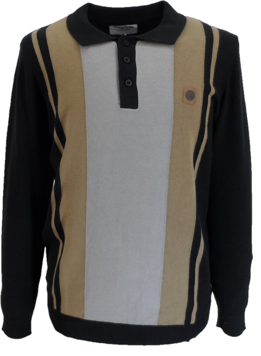 Lambretta Mens Black Grey Striped Knitted Polo Shirt