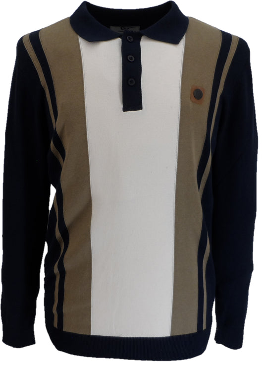 Lambretta Mens DK Navy/Grey Striped Knitted Polo Shirt