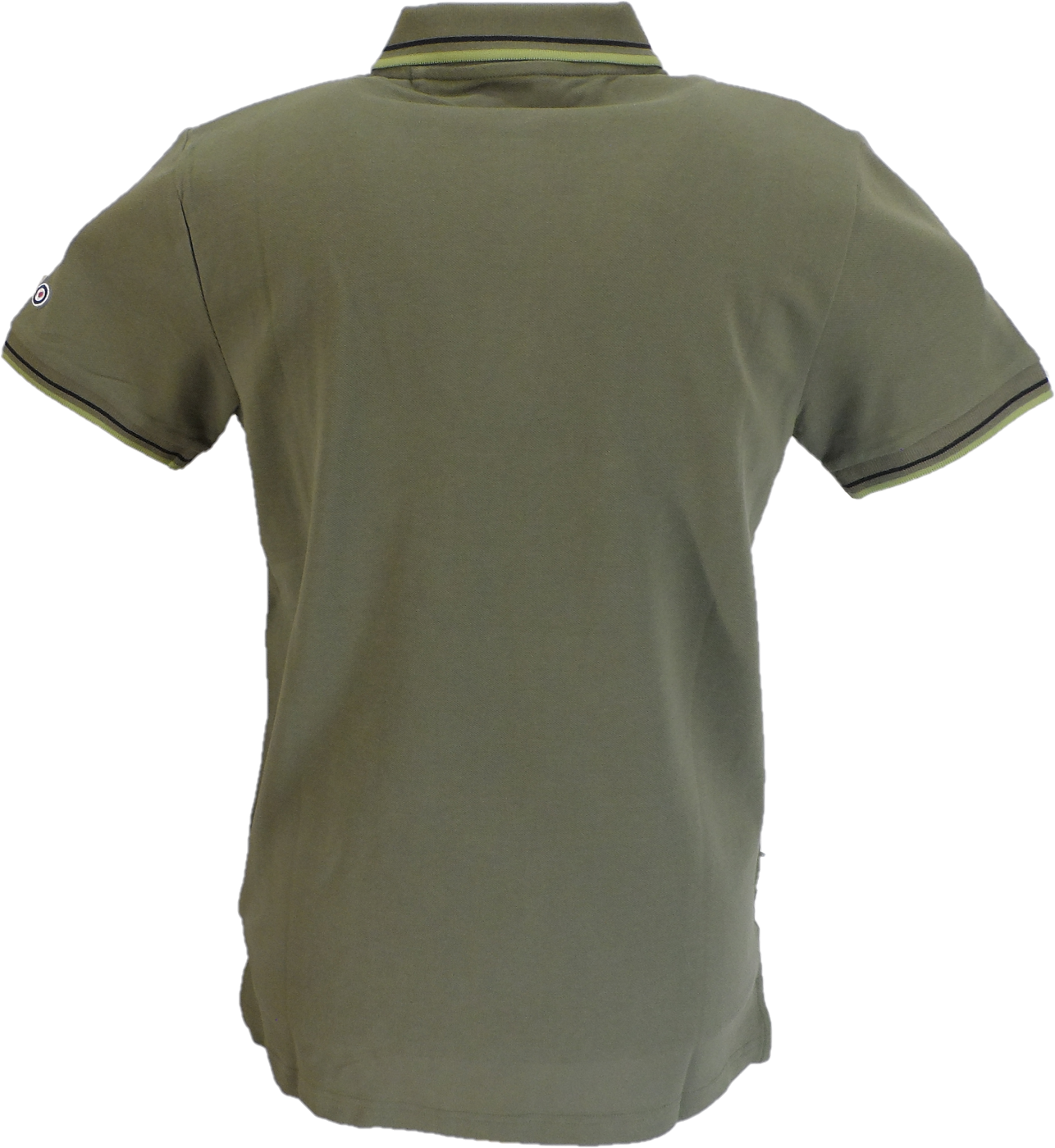 An olive green short-sleeve polo shirt shown from the back, featuring a thin lime green stripe accent on the collar and sleeve cuffs.