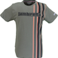 A short-sleeve crewneck t-shirt in gray, featuring the brand name 'Lambretta' printed across the chest in black. The right side of the shirt has vertical stripes in black, dark blue, and a bright pinkish-orange, while the left side is solid gray.