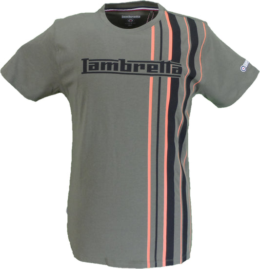 A short-sleeve crewneck t-shirt in gray, featuring the brand name 'Lambretta' printed across the chest in black. The right side of the shirt has vertical stripes in black, dark blue, and a bright pinkish-orange, while the left side is solid gray.