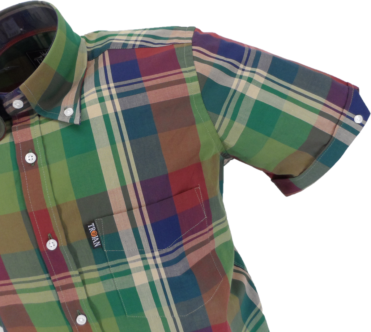 Trojan Mens Army Green Large Tartan Check Short Sleeved Shirts and Pocket Square