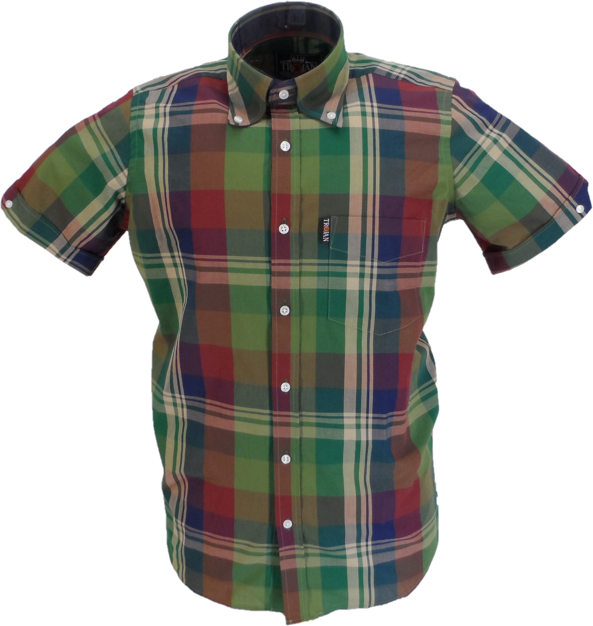 Trojan Mens Army Green Large Tartan Check Short Sleeved Shirts and Pocket Square