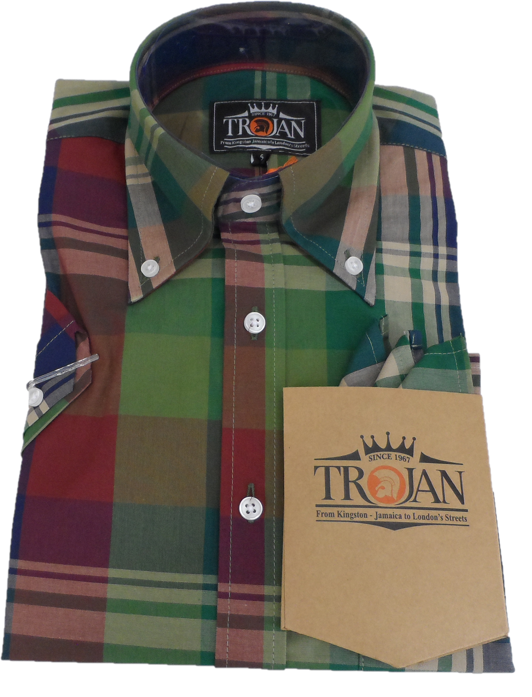 Trojan Mens Army Green Large Tartan Check Short Sleeved Shirts and Pocket Square