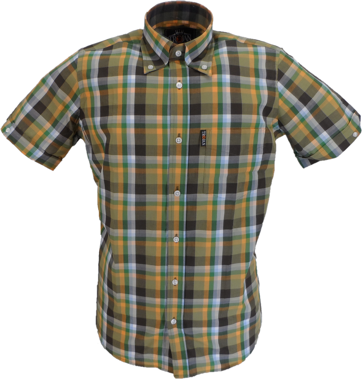 Trojan Mens Chocolate Multi-Check Check Short Sleeved Shirts and Pocket Square