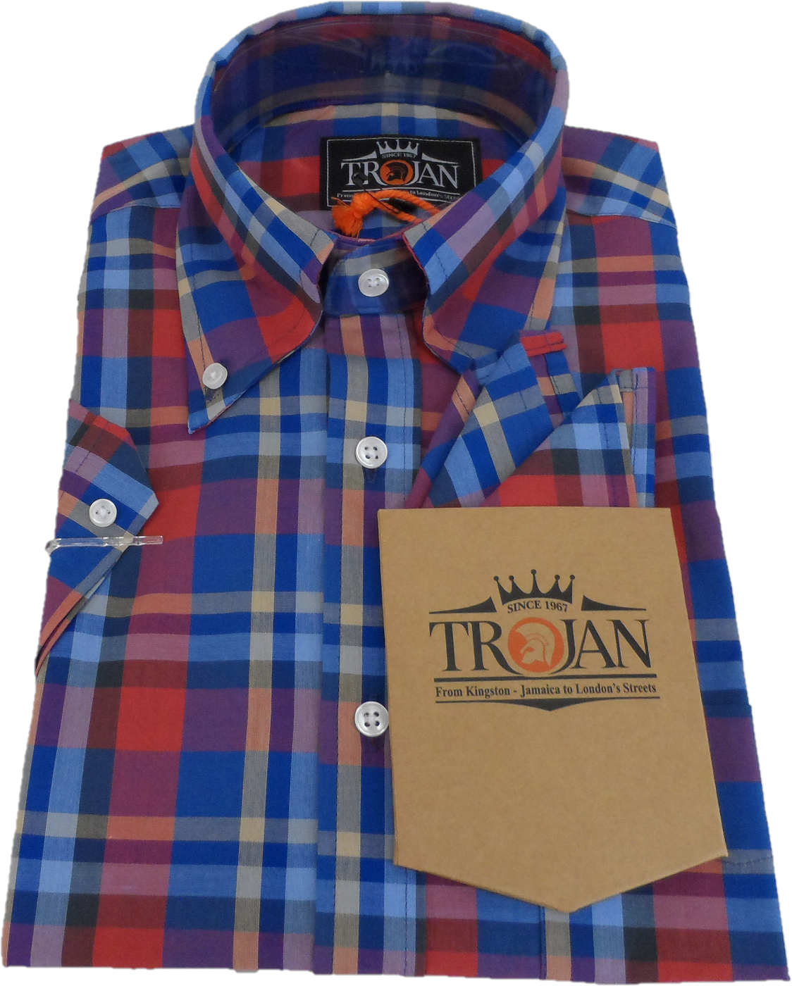 Trojan Mens Cobalt Multi Check Short Sleeved Shirts and Pocket Square