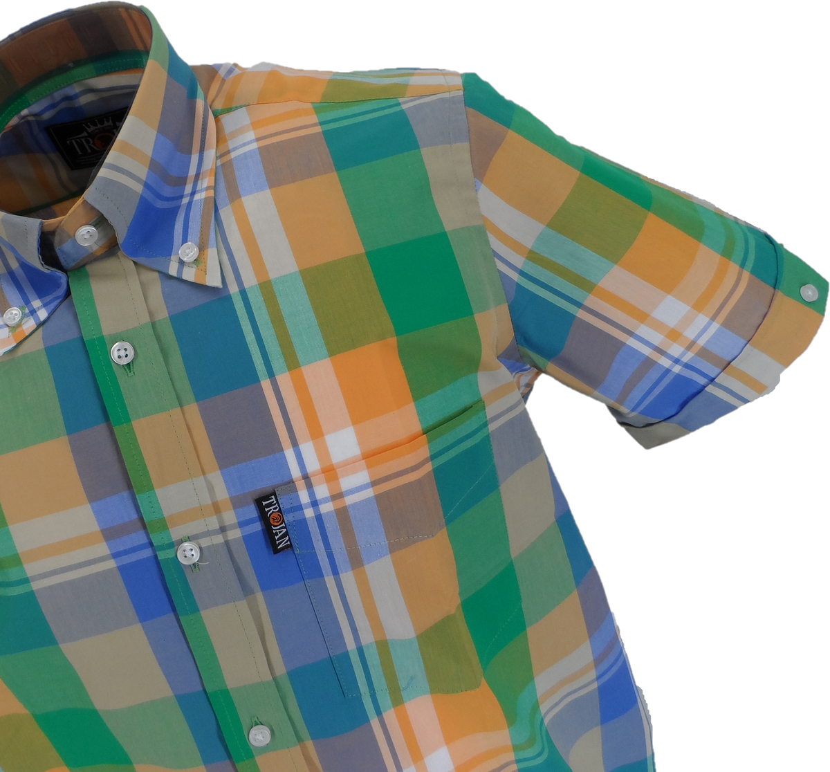 Trojan Mens Green Large Tartan Check Short Sleeved Shirts and Pocket Square
