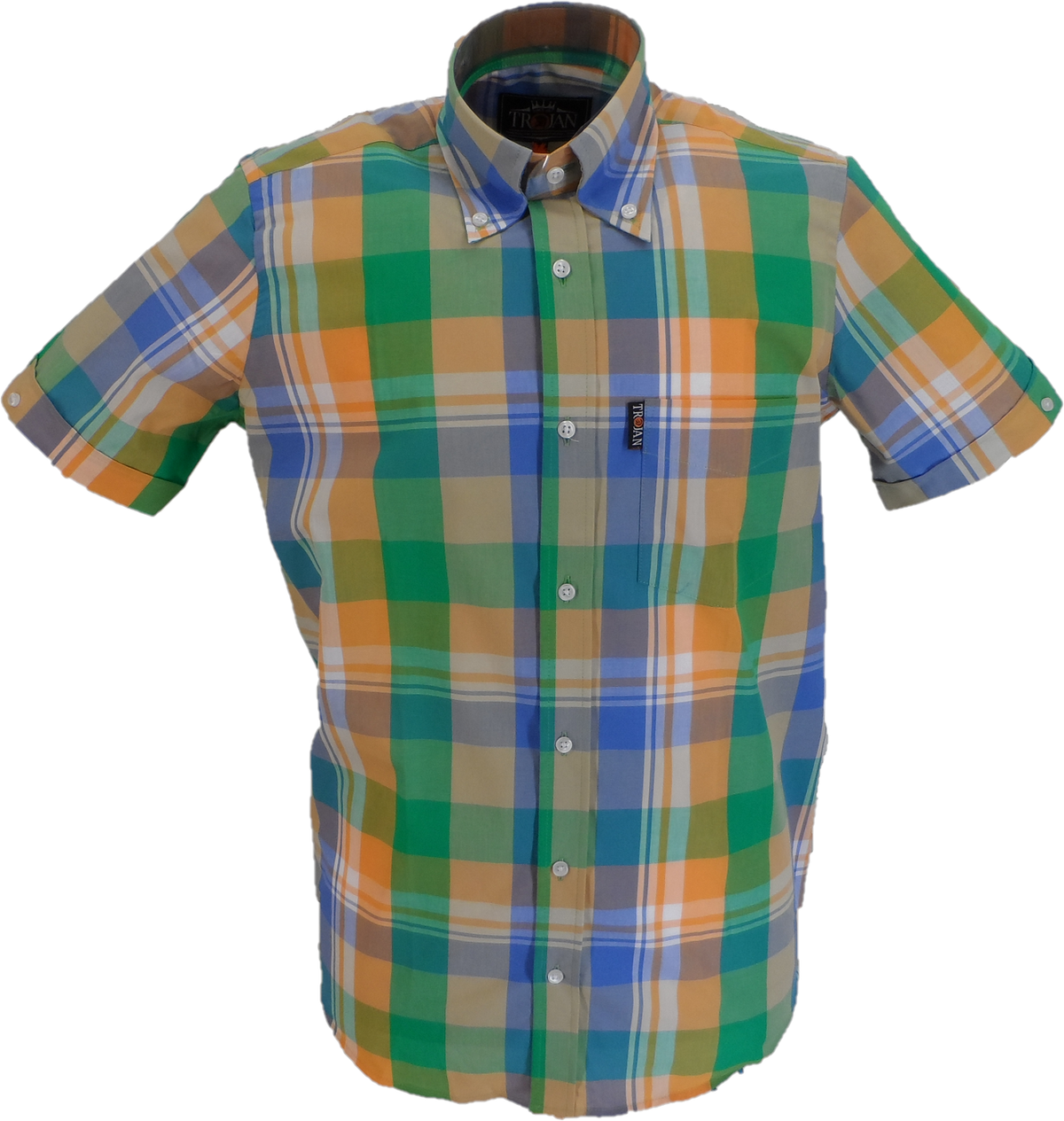 Trojan Mens Green Large Tartan Check Short Sleeved Shirts and Pocket Square