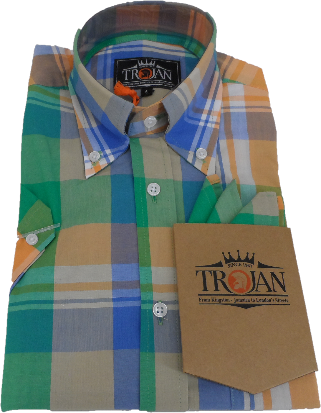 Trojan Mens Green Large Tartan Check Short Sleeved Shirts and Pocket Square