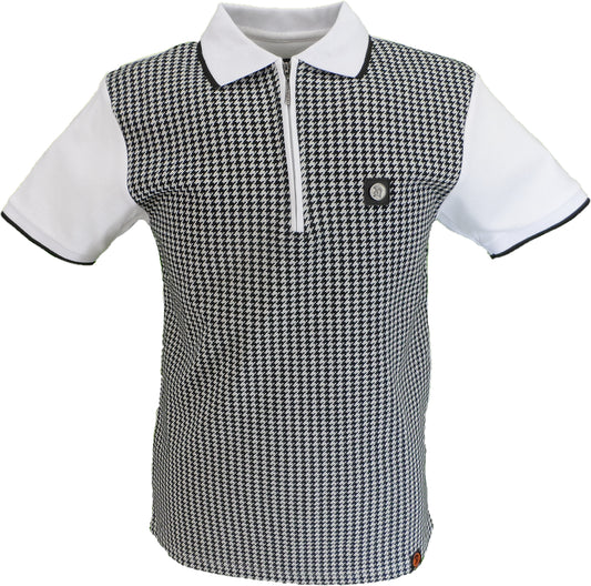 Trojan Mens White Mono Houndstooth Zip Polo Polo Shirt