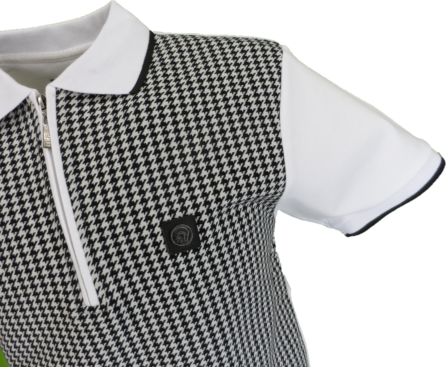 Trojan Mens White Mono Houndstooth Zip Polo Polo Shirt