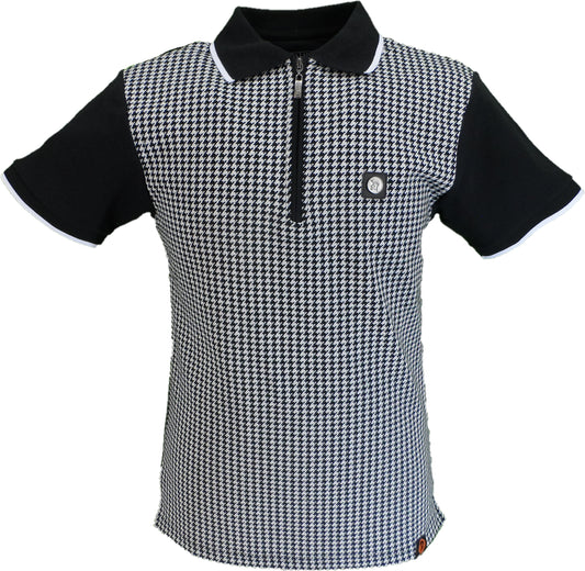 Trojan Mens Black Mono Houndstooth Zip Polo Polo Shirt