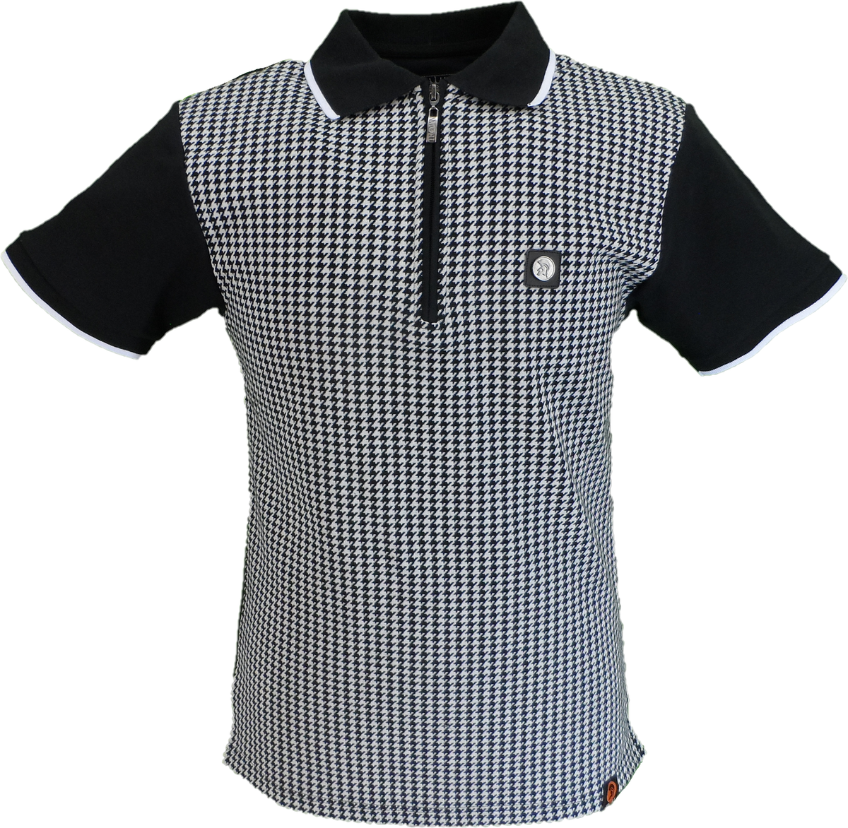 Trojan Mens Black Mono Houndstooth Zip Polo Polo Shirt