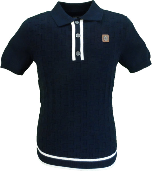 Trojan Mens Navy Blue Self-Check Fine Gauge Polo Shirt