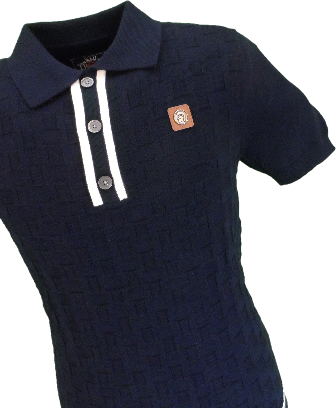 Trojan Mens Navy Blue Self-Check Fine Gauge Polo Shirt