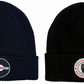 Two knit beanie hats shown side by side on a plain white background. The left beanie is dark navy blue with a circular white logo patch on the front cuff.