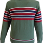 An olive green knit sweater with horizontal red, white, and navy blue stripes across the chest and sleeves, shown on a plain white background.