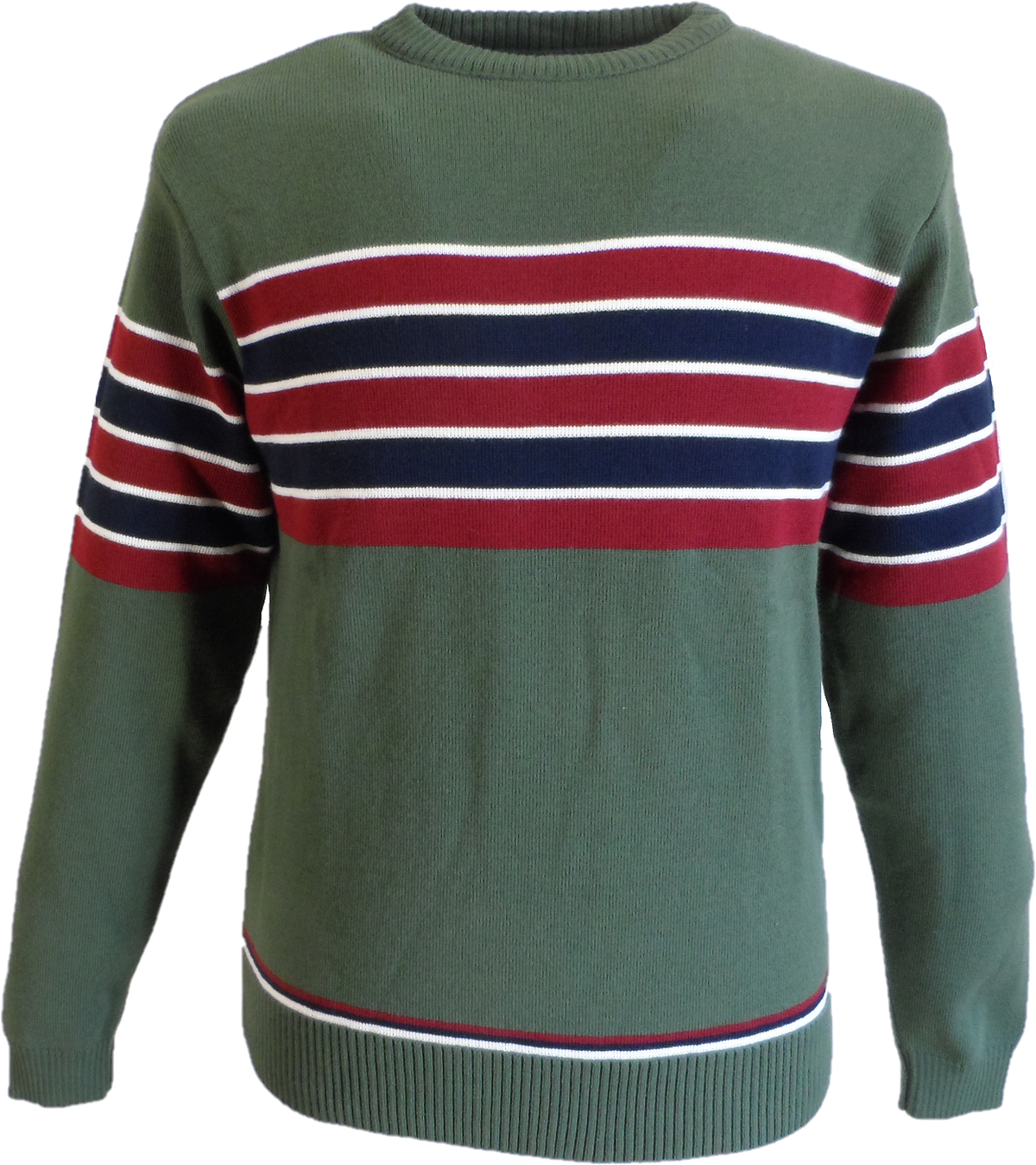 An olive green knit sweater with horizontal red, white, and navy blue stripes across the chest and sleeves, shown on a plain white background.