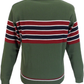 An olive green knit sweater with horizontal red, white, and navy blue stripes across the chest and upper sleeves, shown on a plain white background.