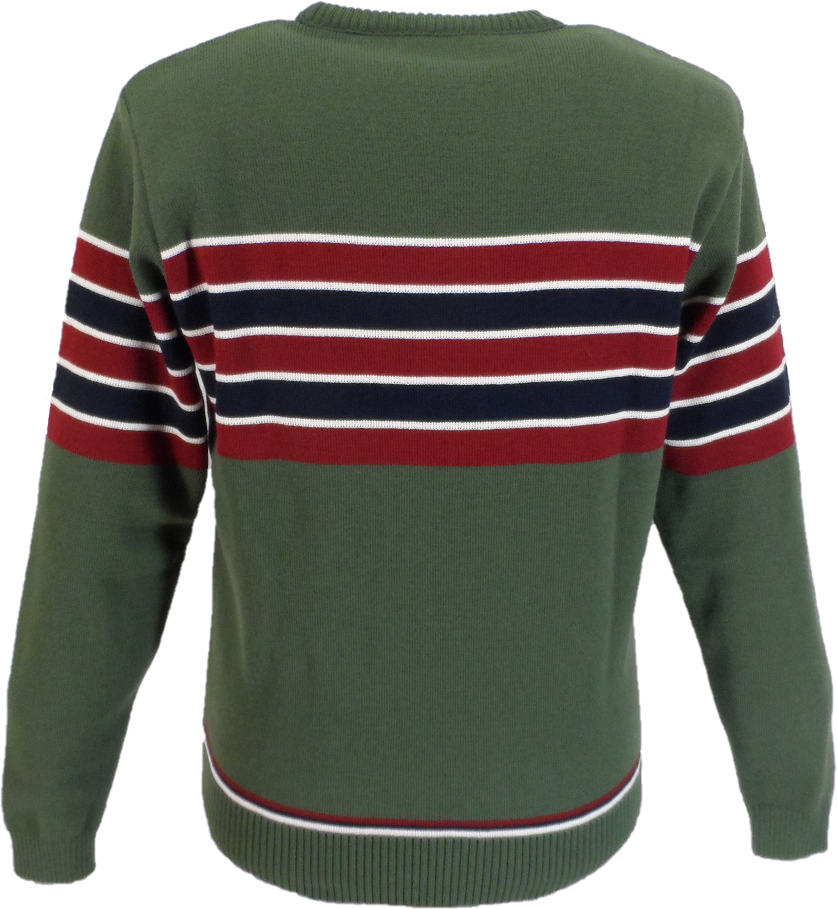 An olive green knit sweater with horizontal red, white, and navy blue stripes across the chest and upper sleeves, shown on a plain white background.