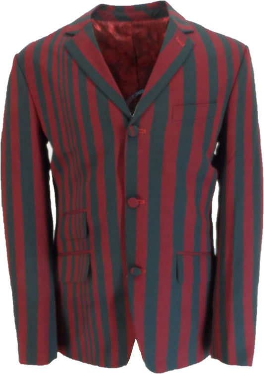 Mens Classic Retro Burgundy/Grey Striped Boating Blazer Jacket