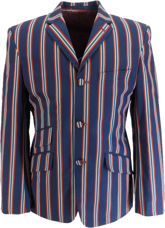 Mens Classic Retro Navy Blue Striped Boating Blazer Jacket