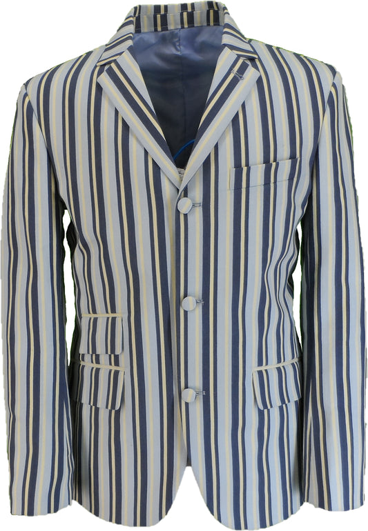 Mens Classic Retro Sky Blue Striped Boating Blazer Jacket