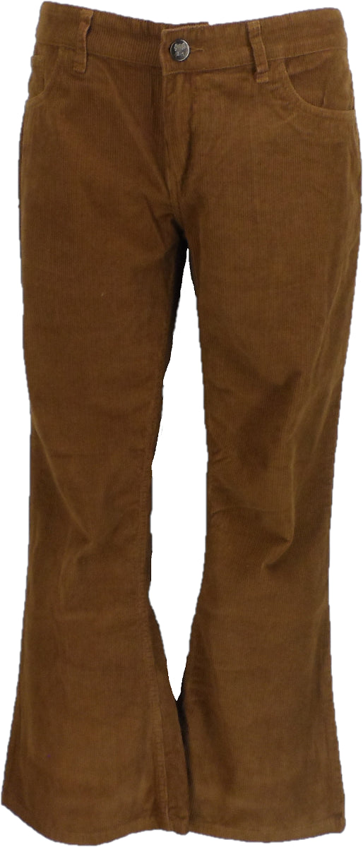 Brown corduroy flare pants shown against a plain white background.