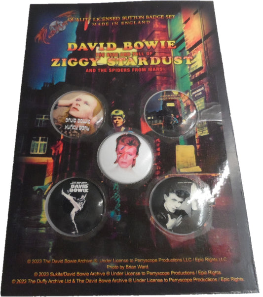 Confezione da 5 badge con bottoni dei primi album di David Bowie