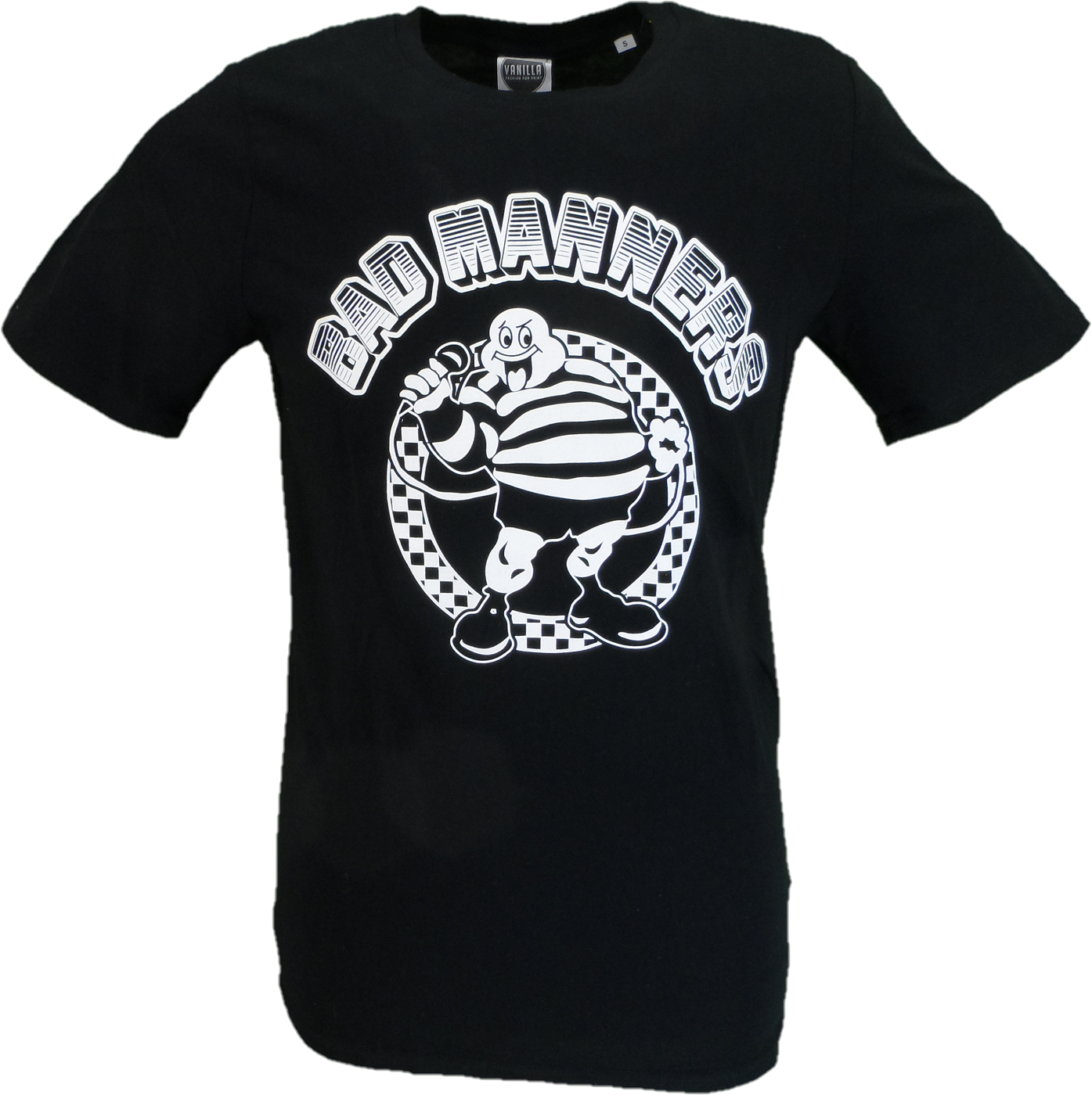 A black short-sleeve t-shirt with a white graphic print on the front featuring the text 'BAD MANNERS' and a cartoon character in a striped shirt inside a circular design.