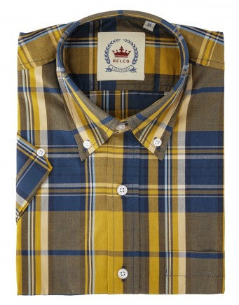 Relco Mens Mustard and Navy Checked Short Sleeved Button Down Shirts