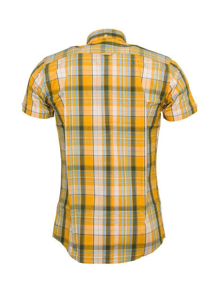 Relco Mens Yellow Checked Short Sleeved Button Down Shirts