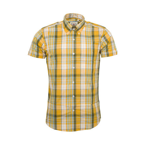 Yellow and green plaid short-sleeve shirt on a white background