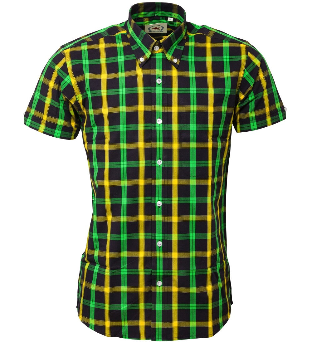 Relco camisas con botones vintage/retro de manga corta a cuadros verdes/amarillos para hombre