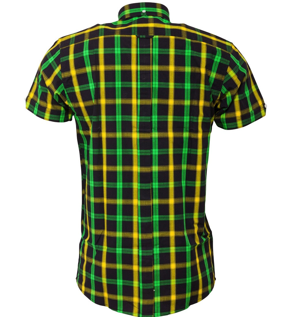 قمصان رجالي Relco باللون الأخضر/الأصفر بأكمام قصيرة وأزرار سفلية عتيقة/رجعية