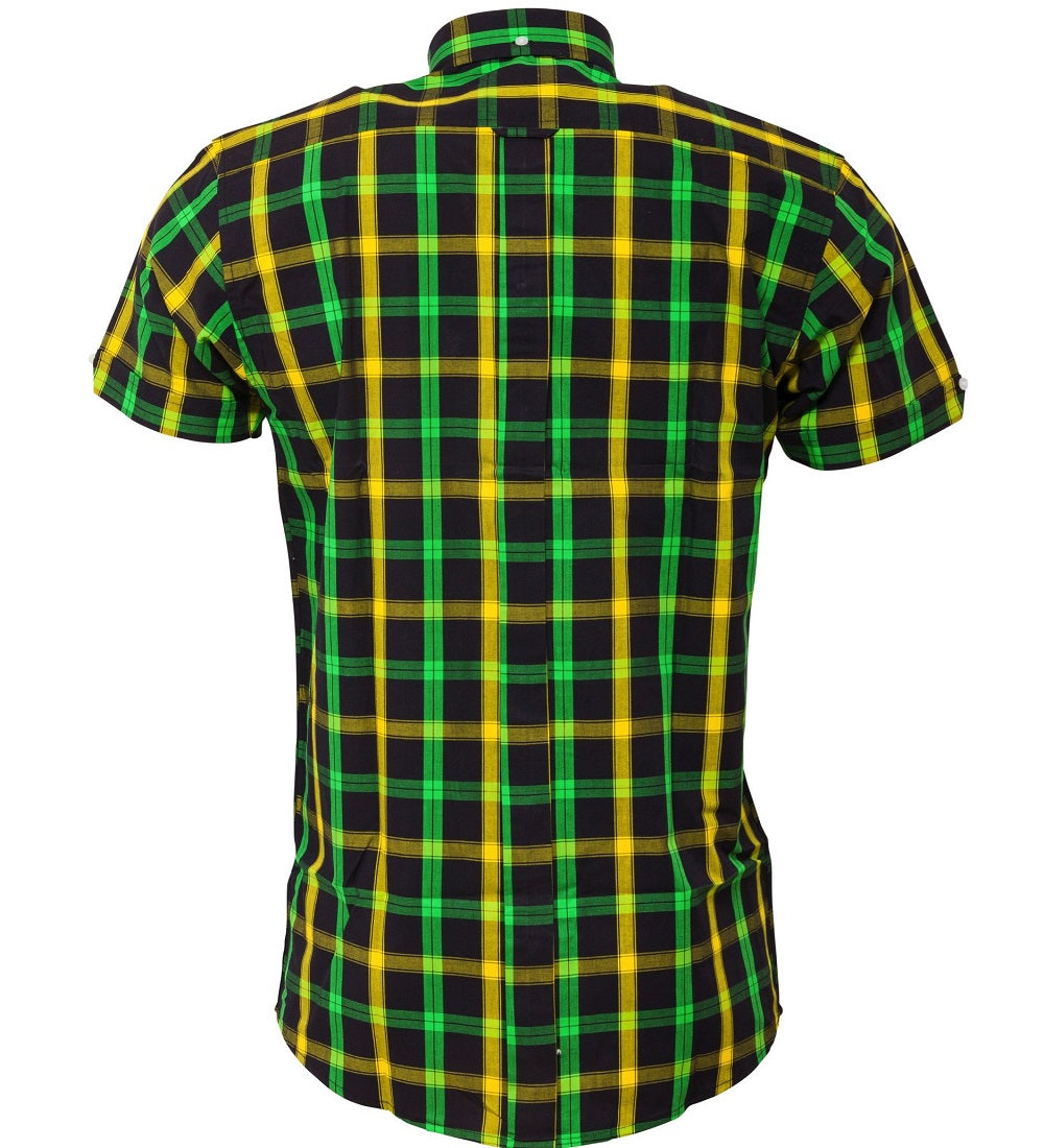 Relco camisas con botones vintage/retro de manga corta a cuadros verdes/amarillos para hombre