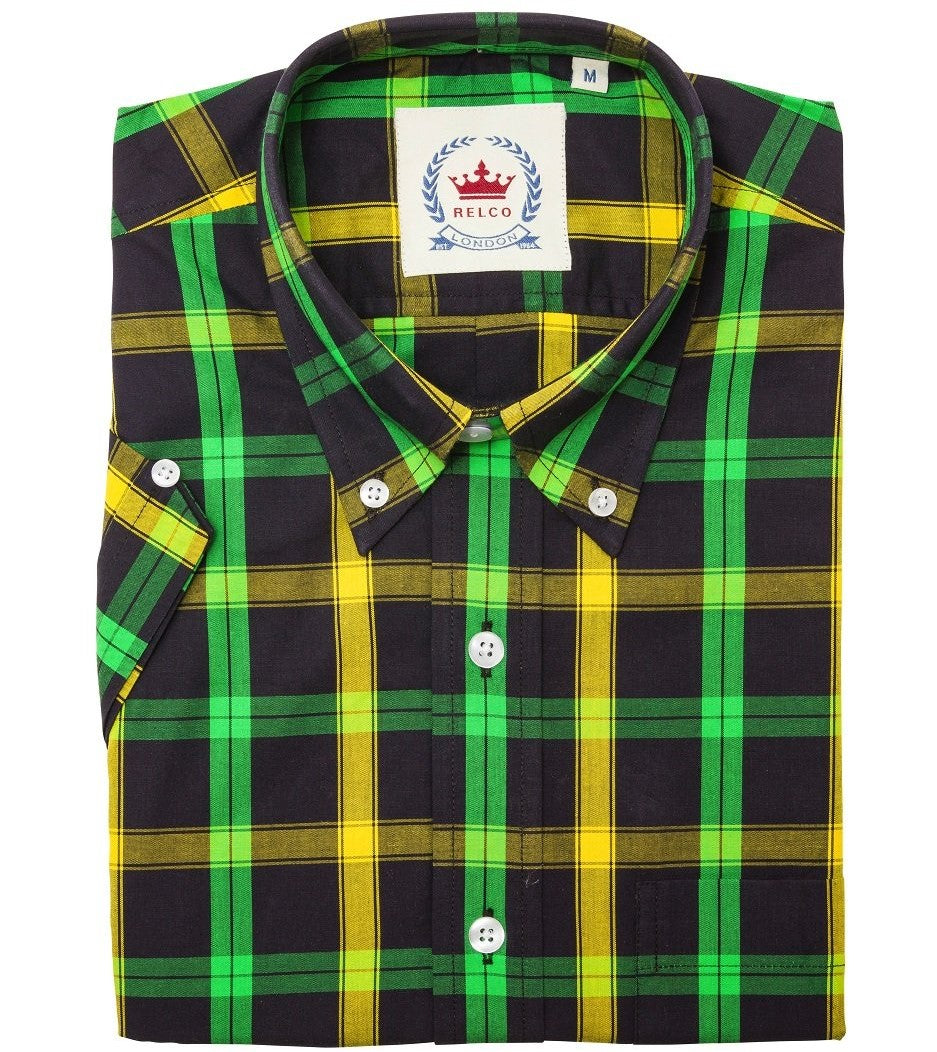 Relco camisas con botones vintage/retro de manga corta a cuadros verdes/amarillos para hombre